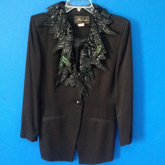 VNTG 80s ELETRA CASEDEI Black Cocktail Skirt Suit with Green Sequins. Sz 8 - Picture 1 of 8